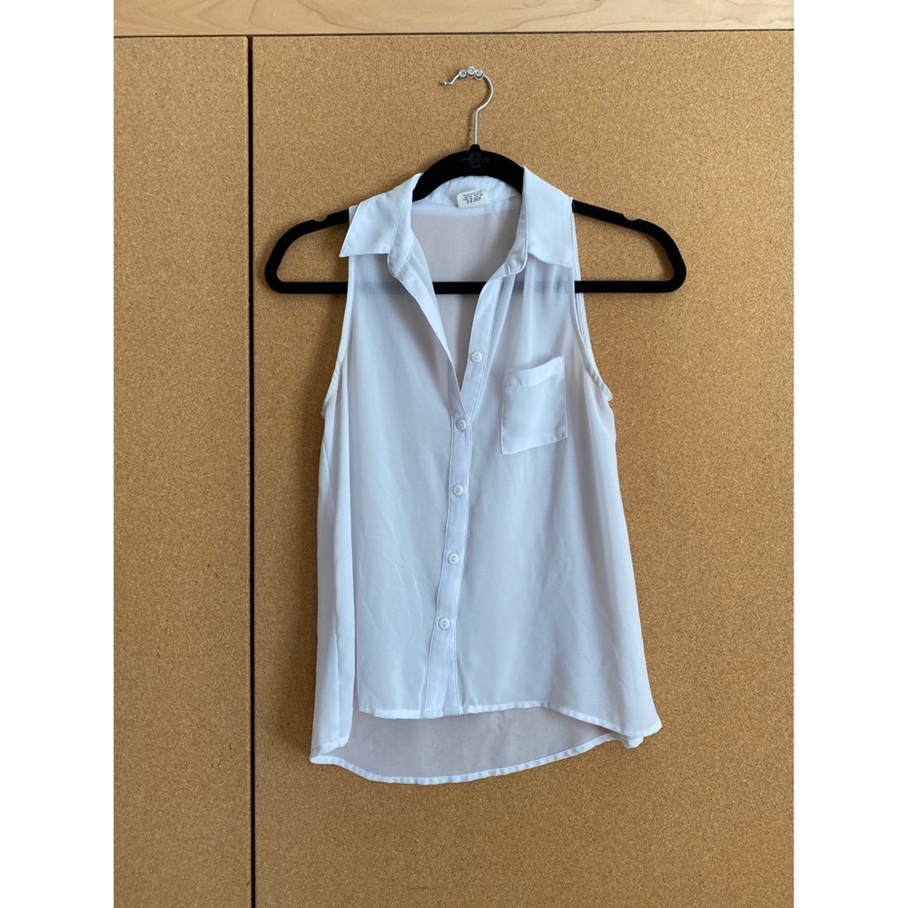 Sheer, flowy, collared, button-up white tank